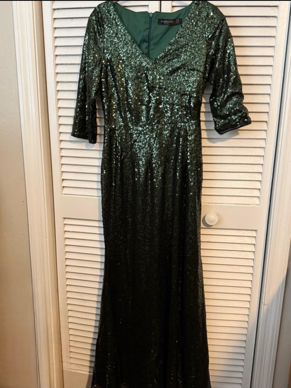 Mature 3/4 quarter sleeves retro Green Sequin Event Maxi Dress